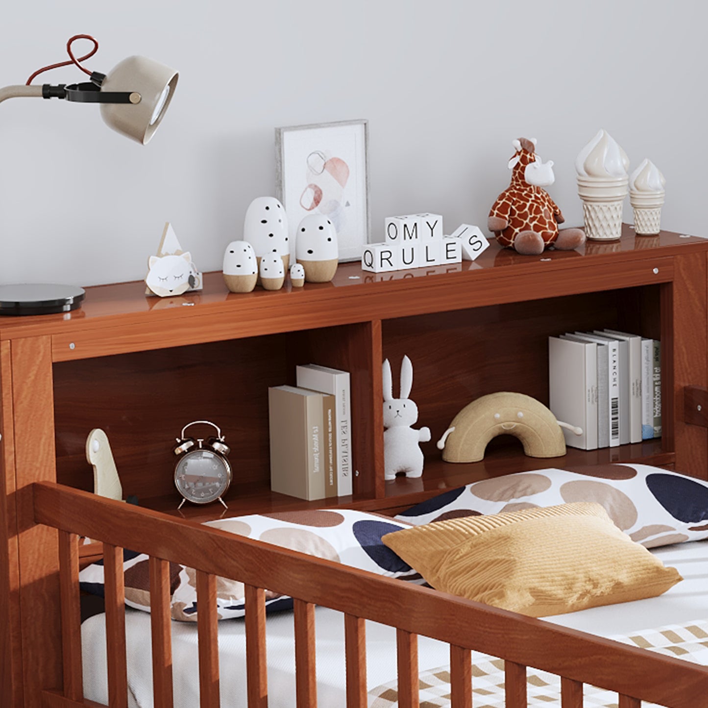 Twin Size Bed With Headboard Storage Rack, Two Under-Bed Drawers, Three-Side Guardrails For Safety And Security,Walnut