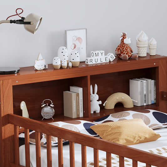 Twin Size Bed With Headboard Storage Rack, Two Under-Bed Drawers, Three-Side Guardrails For Safety And Security,Walnut