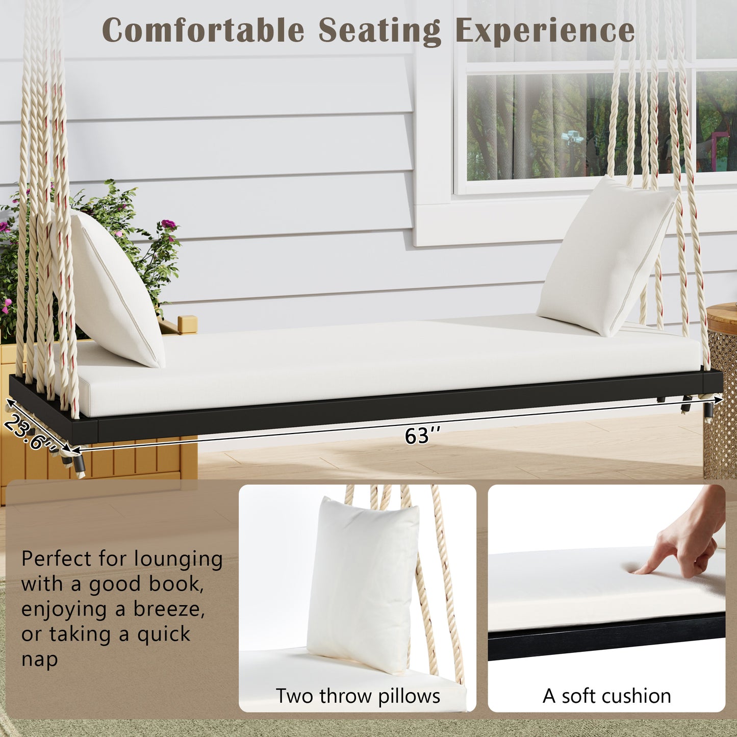TOPMAx Patio Wooden Swing Chair  Hanging Porch Swing Bench With Cushion&Pillows  10.8Ft Hemp Ropes For Garden  Lawn Black