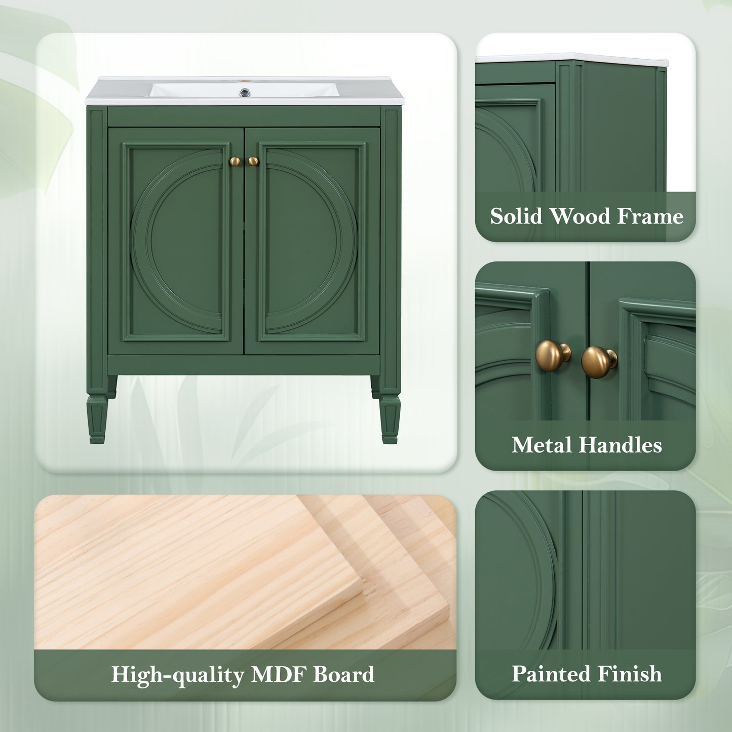 30  Bathroom Vanity With Sink, Two Doors With Shelf, Soft Close Door Hinges, Vintage Style, Green