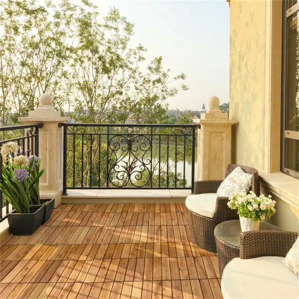 27 Multifunctional Outdoor Floor Tiles, 12' X 12' Albizia Wood Interlocking Terrace Tiles