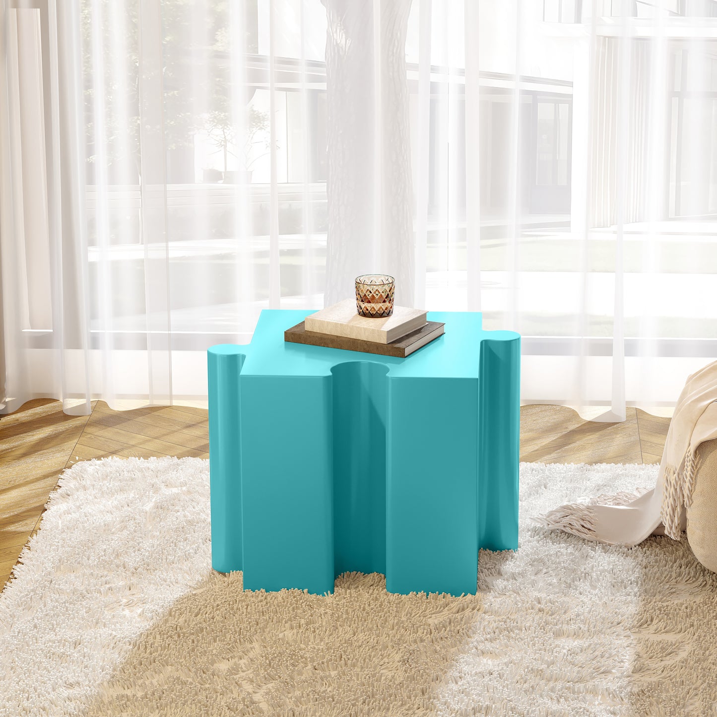 3-Piece Artistic Puzzle Table Set,Modular MGO Side Tables With Interlocking Design  2 Convex & 1 Concave , 200lb Capacity For Indoor & Outdoor, Light Green & Light Blue Color