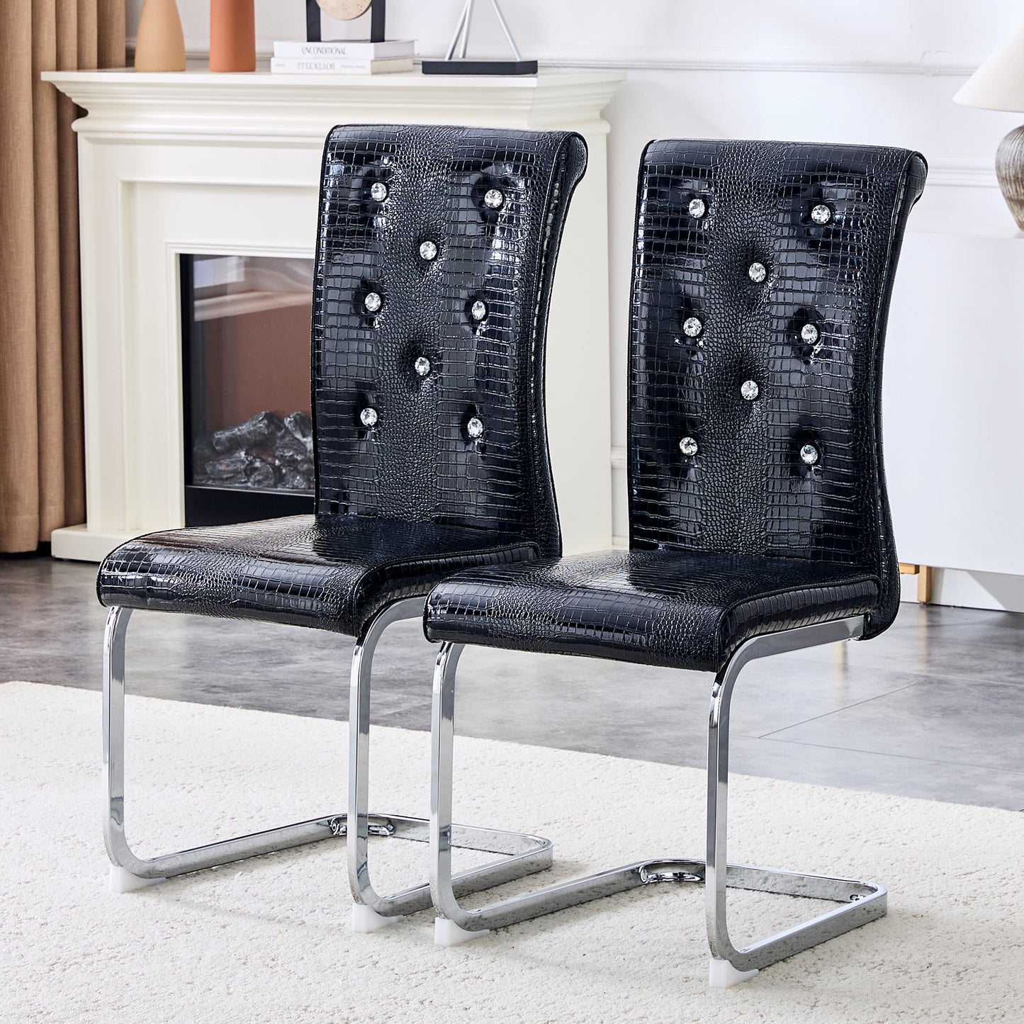 Set Of 4,Retro Alligator Skin Upholstered Dining Chairs,with Crystal Buckle Design And Faux Leather Design,a Touch Of Elegance And Mystery To The Dining Area,Electroplated Metal Bow Leg