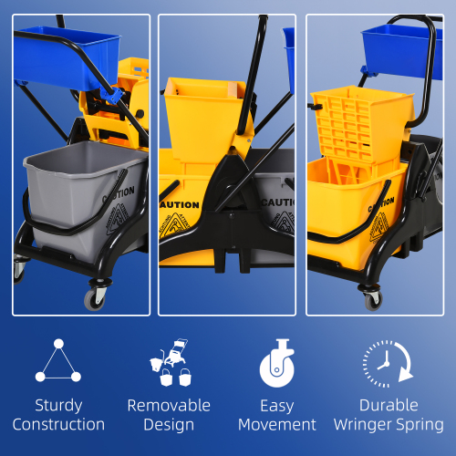 HOMECOM 6.9 Gallon Mop Bucket Swivel Arm Cart With Easy-to-use Side Pressure Swivel Arm Smooth Wheels And Mop Handle Bracket