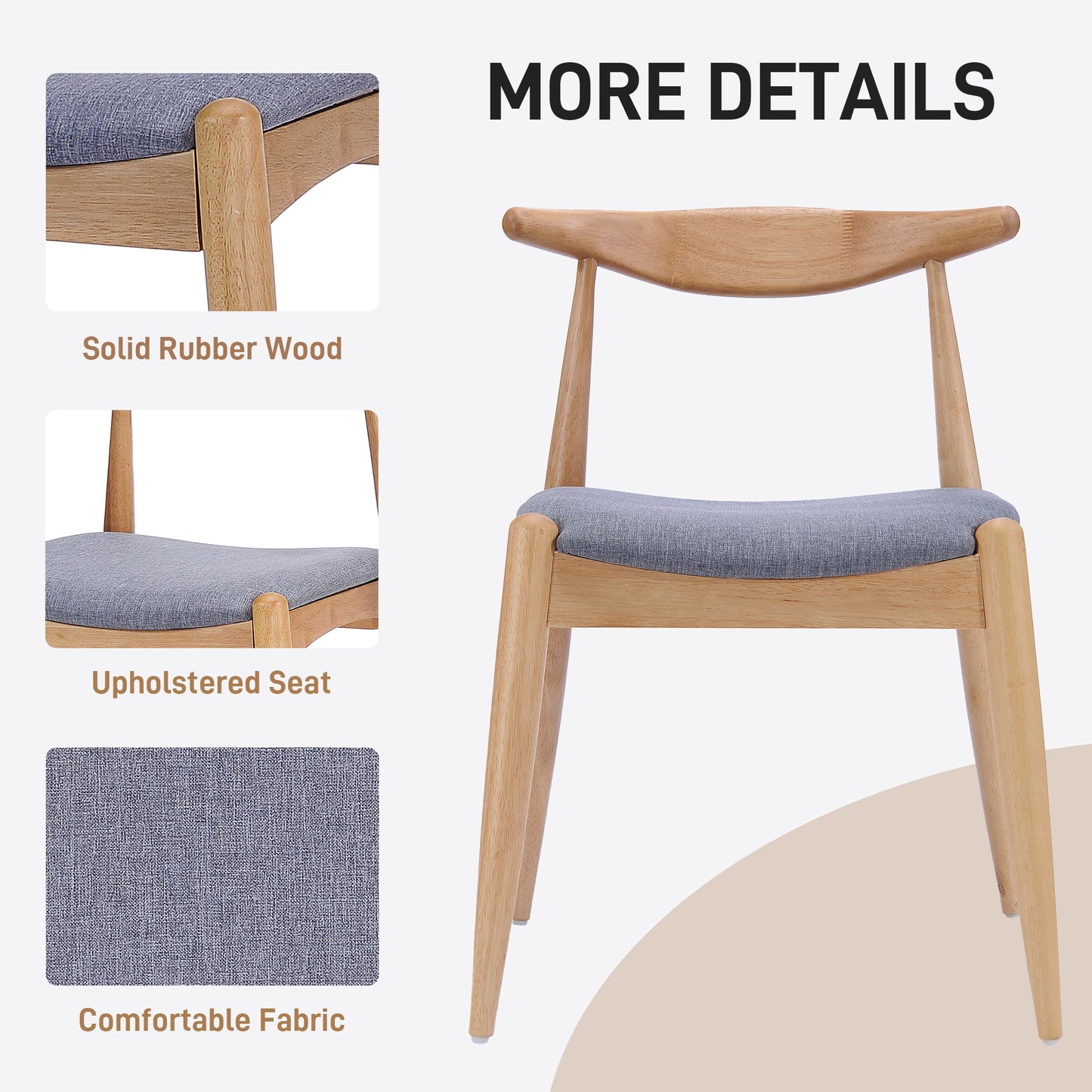 Set Of 2 Rubberwood Dining Chairs With Ergonomic Backrest & Comfort Cushions, Natural-Gray