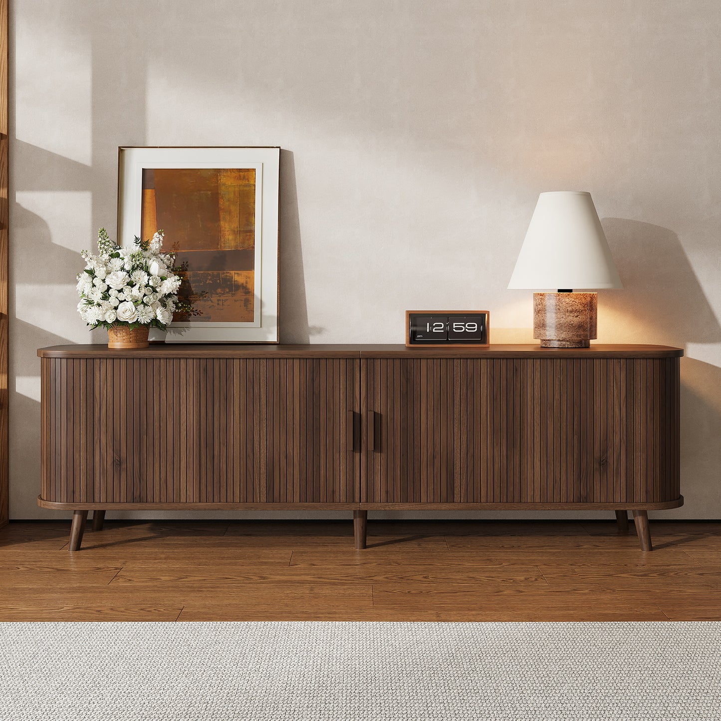 70-inch Modern TV Stand For TVs Up To 80 Inches For Living Room, Media Entertainment Center With Ample Storage & Solid-Wood Legs