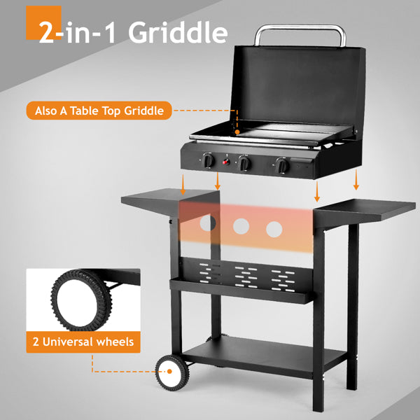 3-Burner Flat Top Gas Griddle Cooking Station With Ceramic Coated Cast Iron Pan, 30,000 BTU Propane Fuelled Griddle Station With Side Shelves & Spice Rack For Outdoor Barbecue  Cookout
