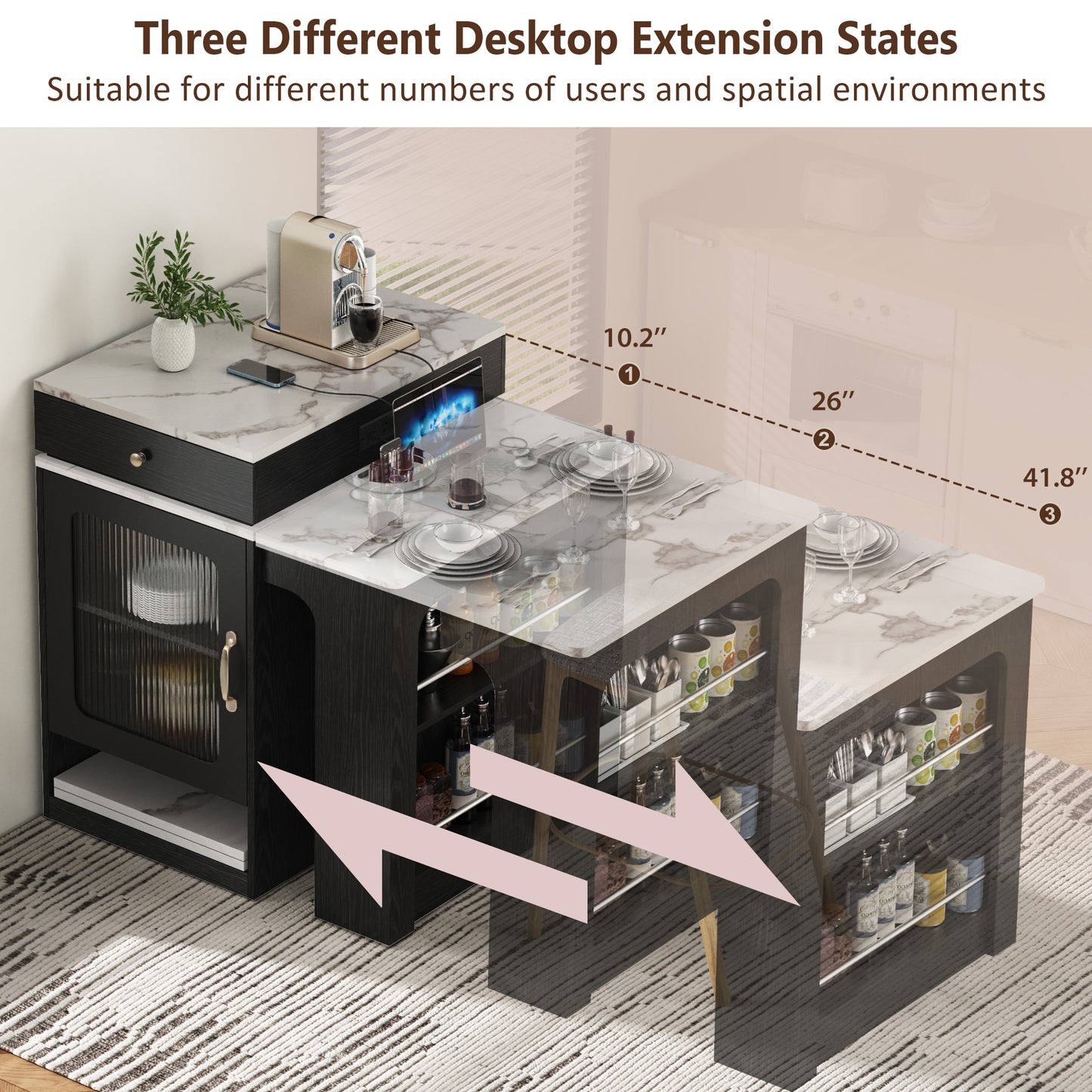 K&K 59.5   Kitchen Island With Extendable Dining Table, Kitchen Storage Table With Double-sided Storage, Kitchen Island With 2 Drawers, Power Outlet, Side Open Shelves, For Kitchen, Dining Room, Black