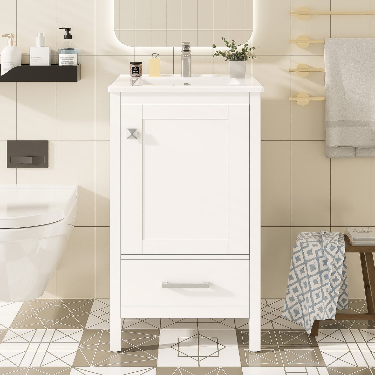 20-Inch Modern Bathroom Vanity With Ceramic Sink, Soft-Close Drawer & Door, Double-Layer Door Organizer, Divider Drawer, Adjustable Foot Pads -Space-Saving Storage Design