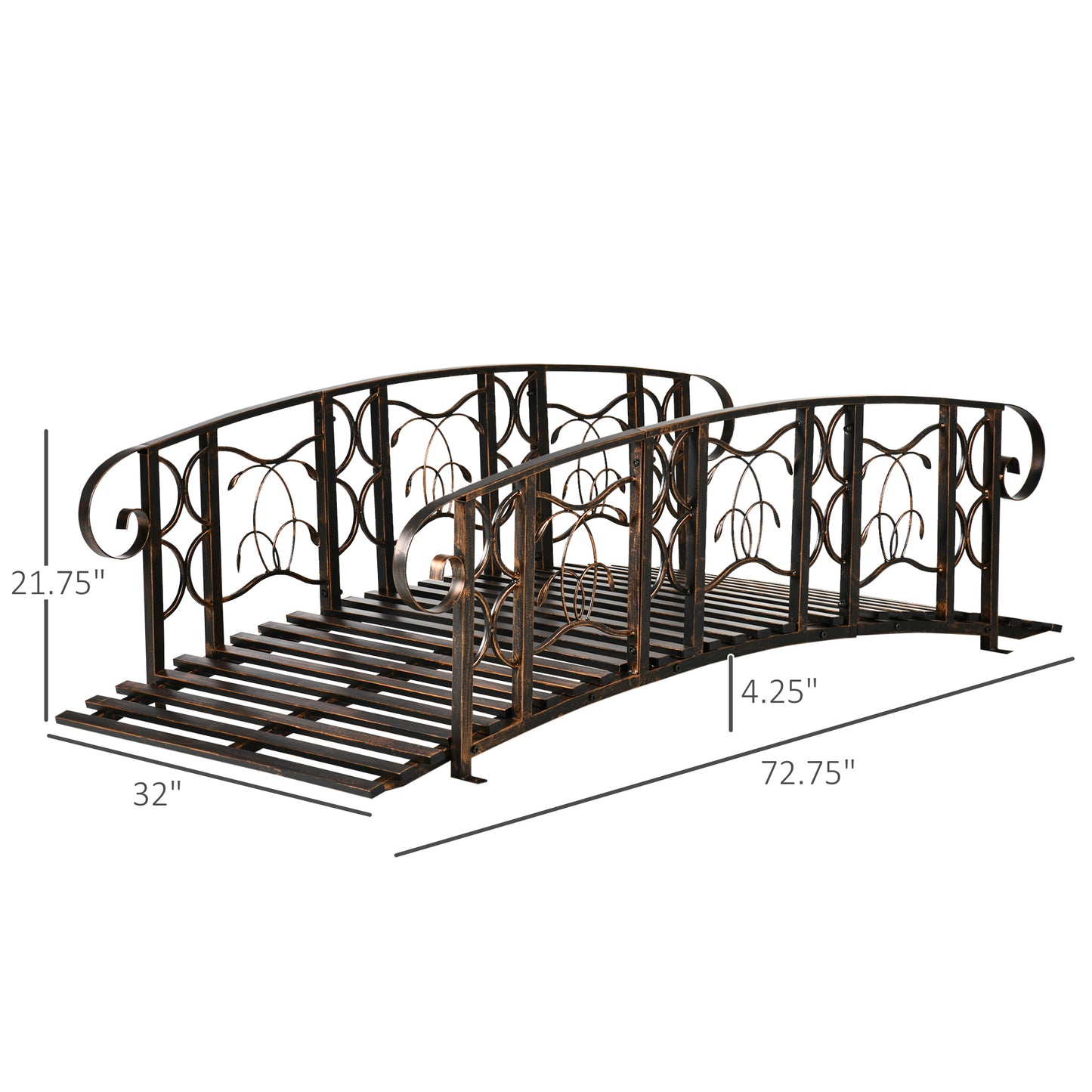 6' Metal Arch Backyard Garden Bridge With 660 Lbs. Weight Capacity, Safety Siderails, Vine Motifs, Easy Assembly For Backyard Creek, Stream, Pond, Brown