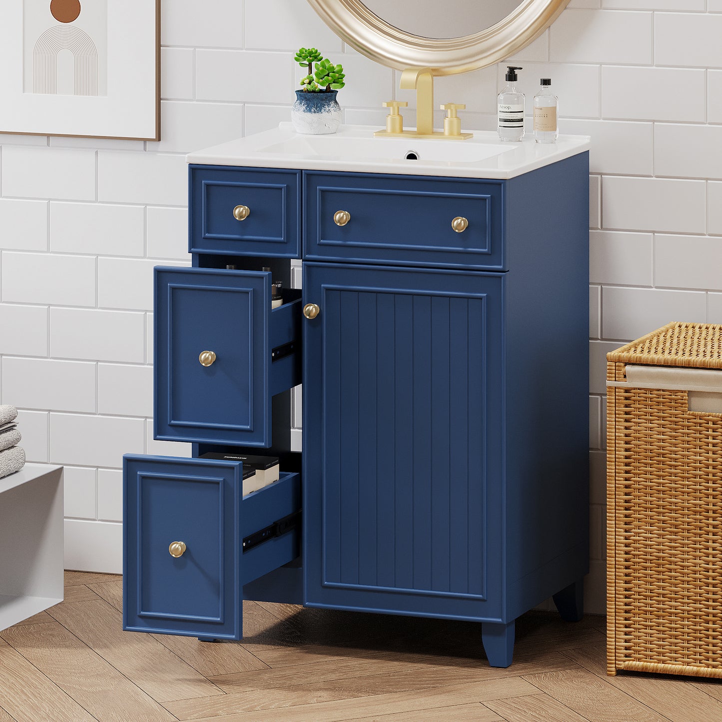 24-Inch Bathroom Vanity Cabinet With Ceramic Sink, 2 Drawers, 1 Door