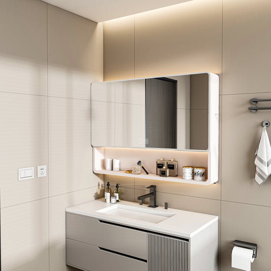 Aluminium Medicine Cabinet Mirror  35 X 28 Inches Medicine Cabinet With 3 Colors LED Light And Defogging Function  Bathroom Mirror Cabinet With Cosmetic Storage Rack And Hair Dryer Holder  Khaki