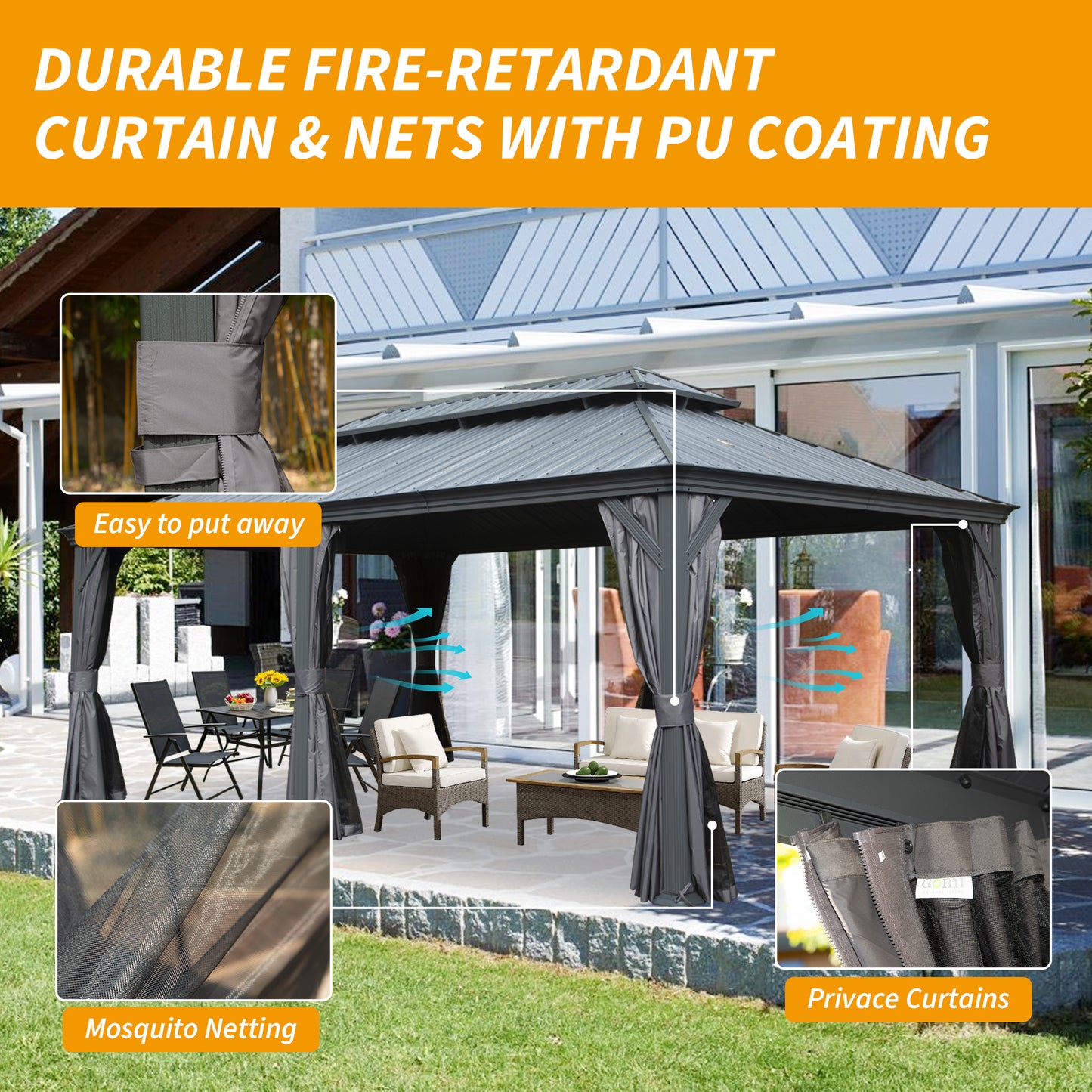 12  X 20  Hardtop Gazebo, Upgraded Metal Gazebo With Drainage System, Dual-Layer Galvanized Steel Roof, Curtain And Netting, Outdoor Shelter Canopy For Patio, Garden, And Backyard, Grey