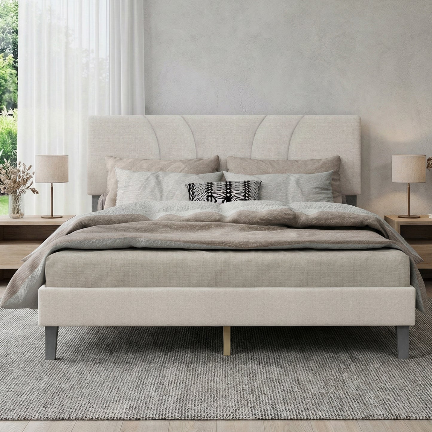 Full Size Platform Bed Frame With Adjustable Fabric Upholstered Headboard And Wooden Slats Support Fully Upholstered Mattress Foundation No Box Spring Needed Easy Assembly Beige