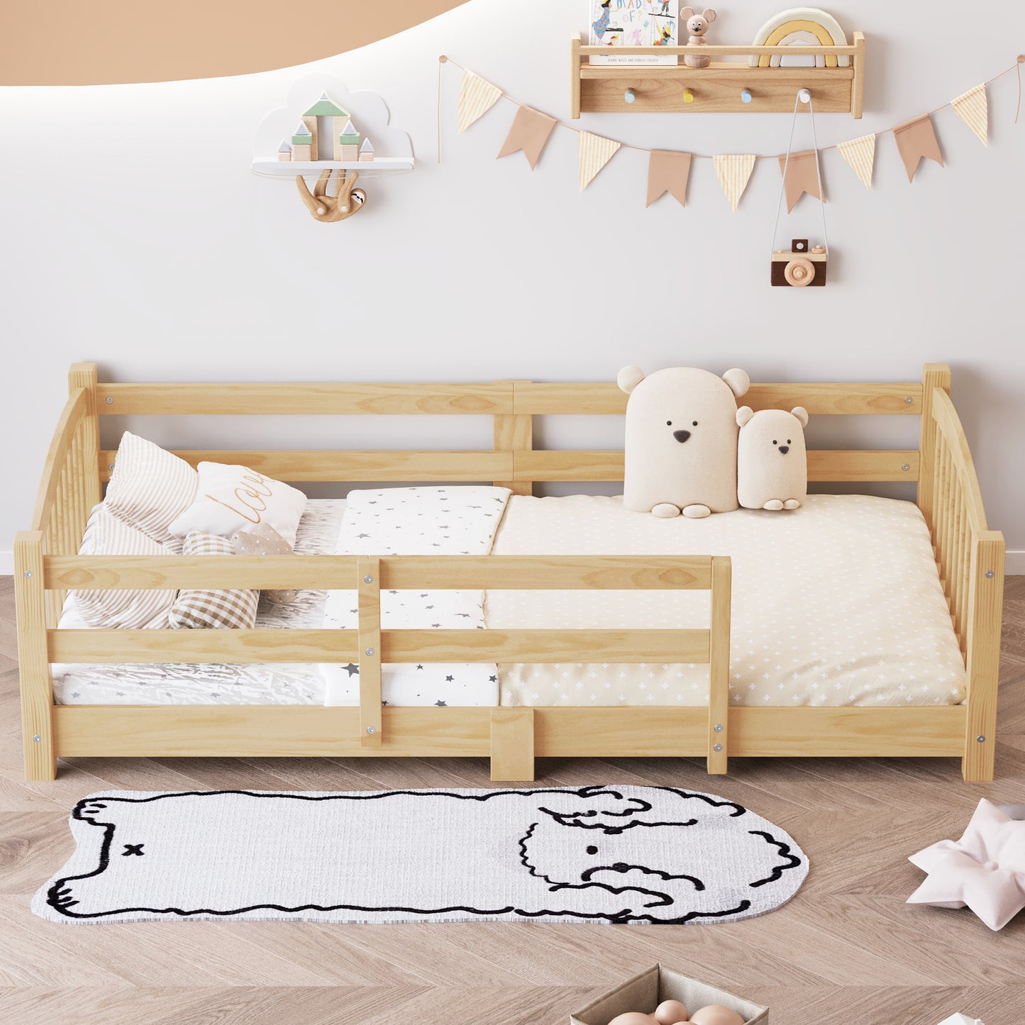 Twin Montessori Floor Bed With Slats And Safety Guardrails, Solid Wood Floor Bed With Fence And Without Door, Easy Assemble Montessori Bed For Girls And Boys, Natural