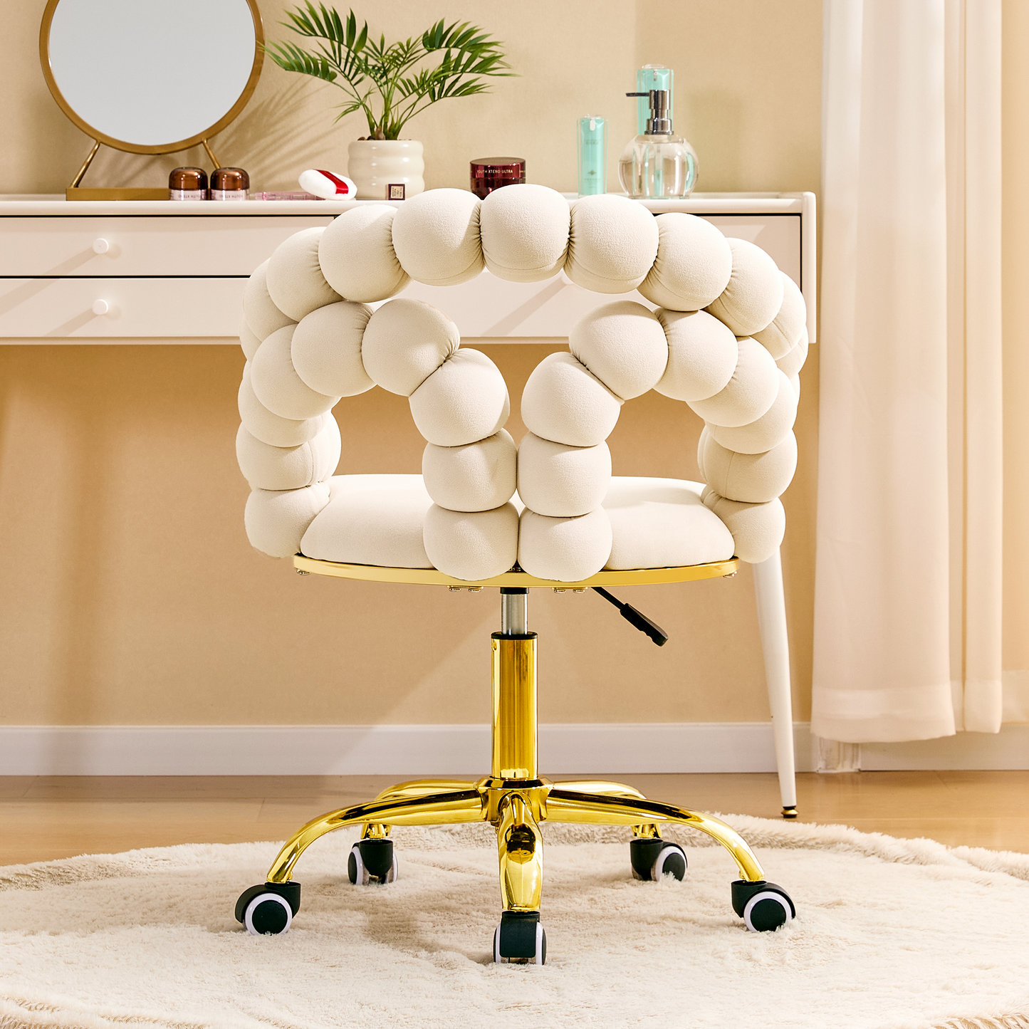 Modern Velvet Adjustable Swivel Desk Chair With Bubble Back, Upholstered Vanity Chair With Gold Metal Base, Rolling Office Chair For Home Office, Bedroom, Makeup Room, Beige  Set Of 1