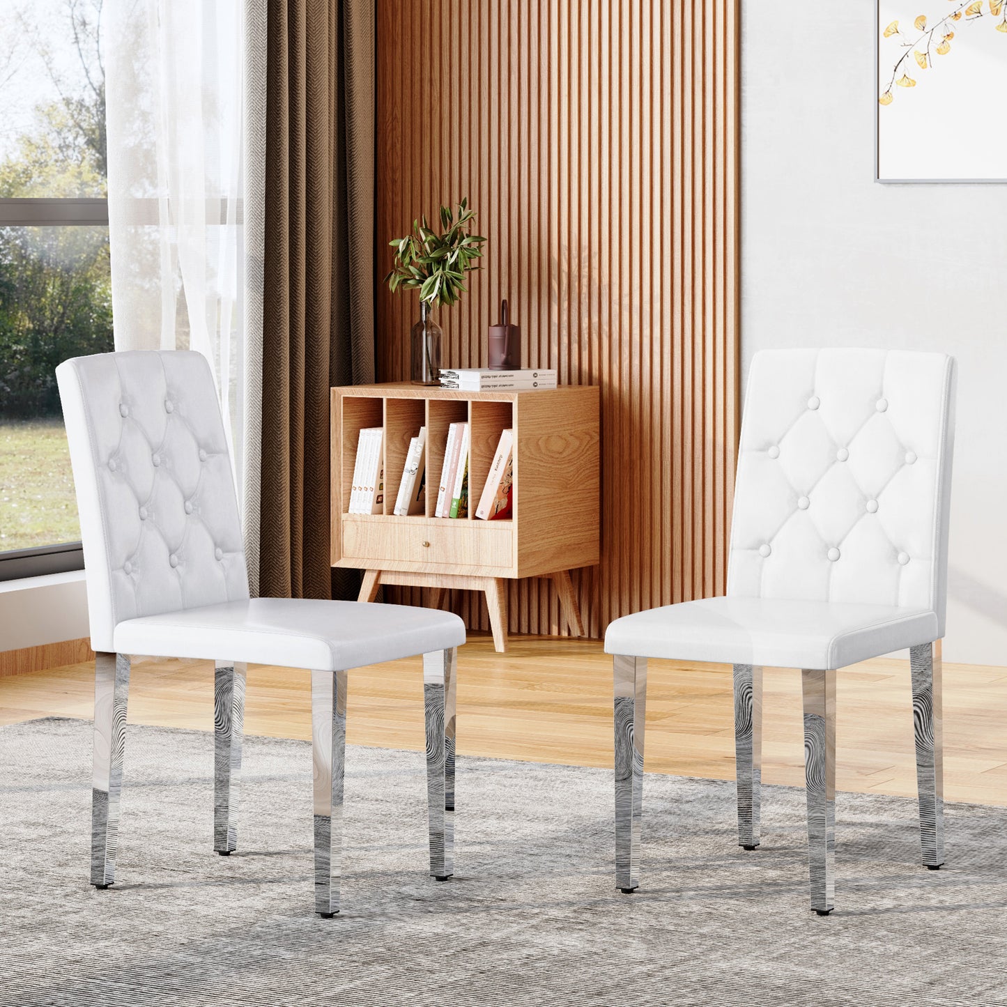 2-pack White PU Dining Chairs Ergonomic Buckle Backrest, 35 Inches High, Silver Metal Legs,Combines Comfort And Texture.Perfectly Suitable For Family Dining Rooms,hotel Banquet Halls,etc.