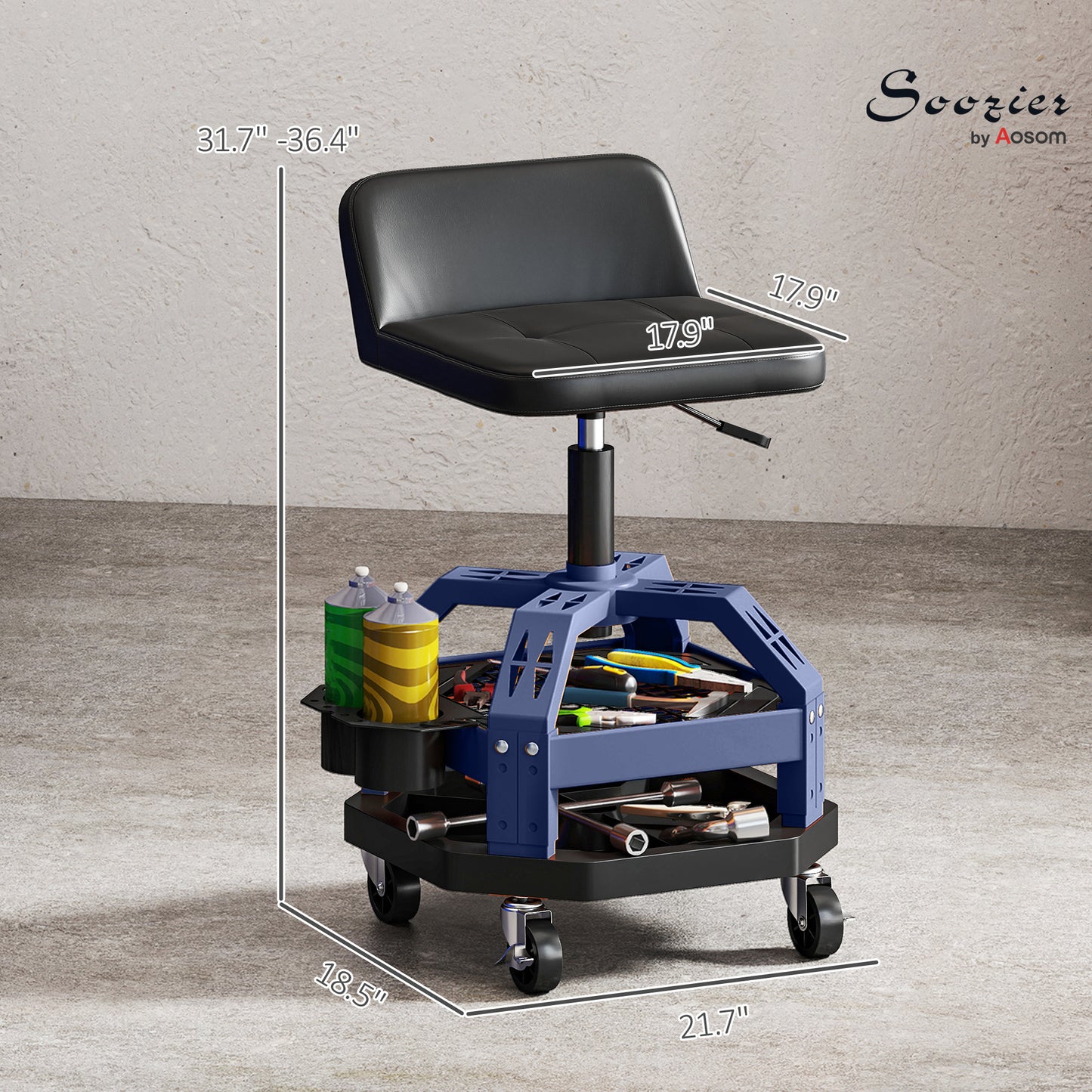 Rolling Creeper Garage Stool, 300 LBS Capacity Mechanic Stool With 360° Wheels, Tool Tray, Adjustable Height, Blue