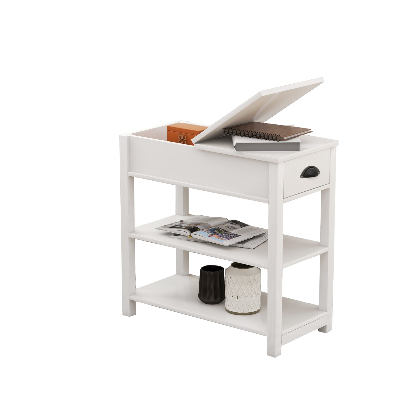Narrow Sided Table With Drawers And Bottom Partition In Flip Over Design -White