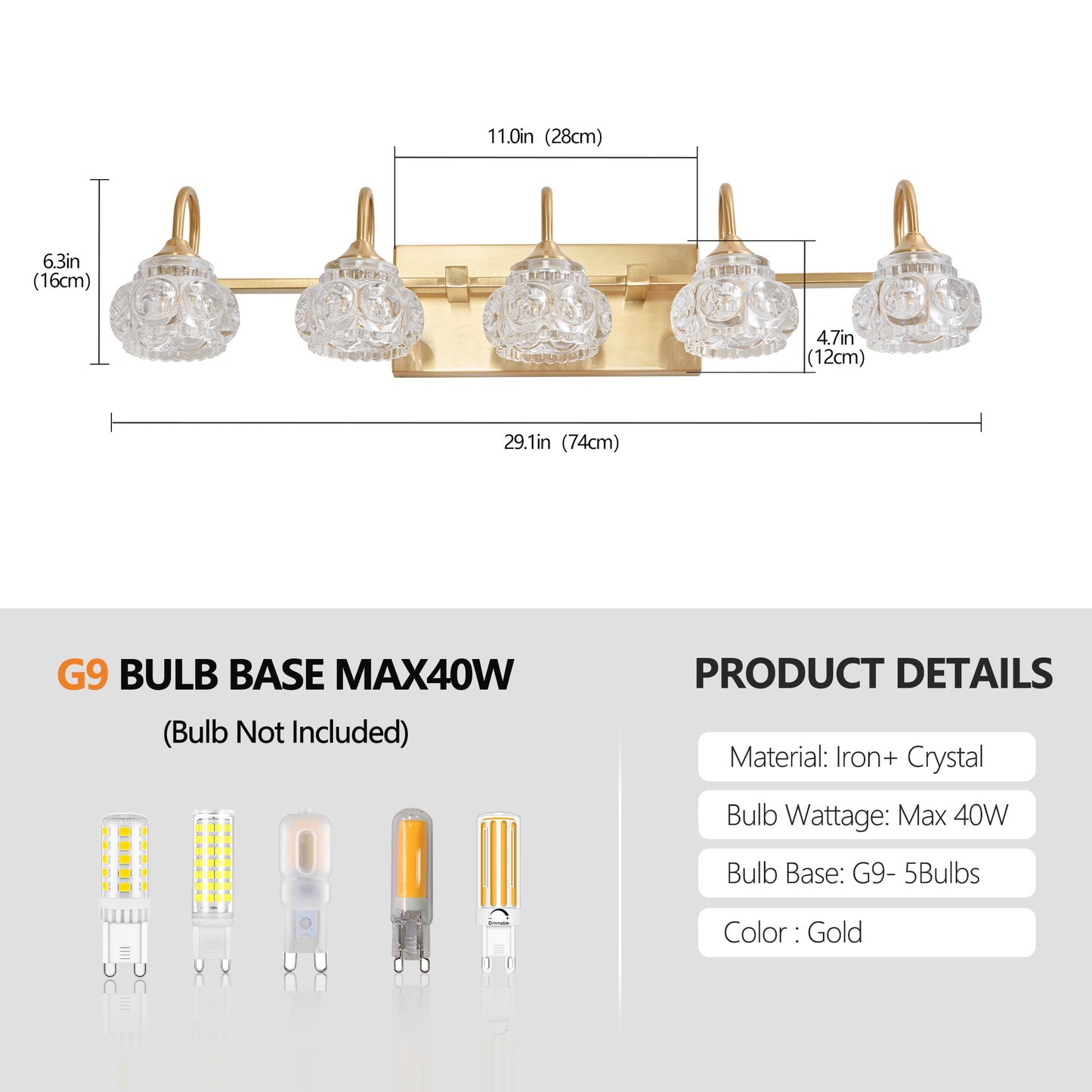 29 Modern Crystal Bathroom Vanity Light, 5-Light Golden Wall Sconce With Clear Glass Shade, Elegant Wall Mount Lighting For Bathroom, Powder Room, Or Vanity Mirror  No Bulbs