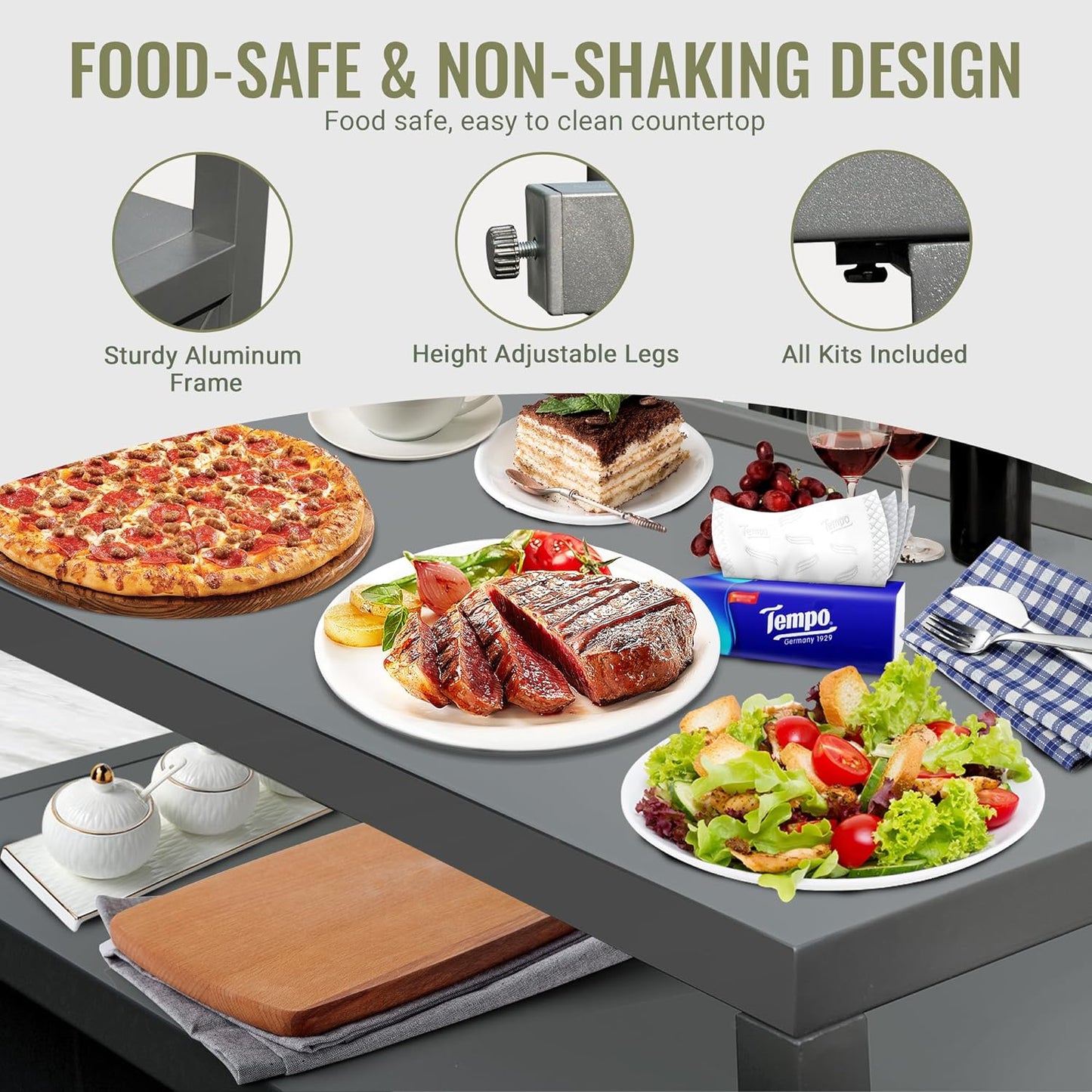 Outdoor Kitchen Island With Storage, Aluminum Kitchen Storage Island With Wall Hanging, Freestanding Grill Storage Cabinet With Protective Cover For BBQ, Deck, Patio