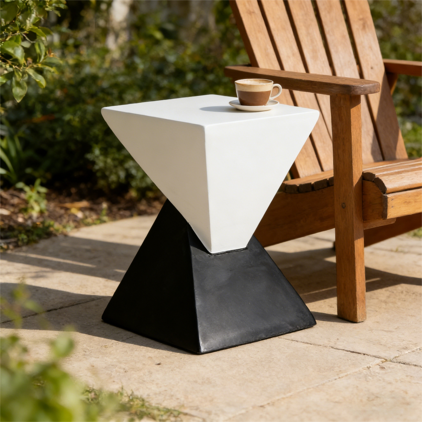 Modern Geometric MGO Side Table - Black & White Two Tone Indoor Outdoor End Table For Living Room, Patio, Garden, 18'' H X 12.5'' Base
