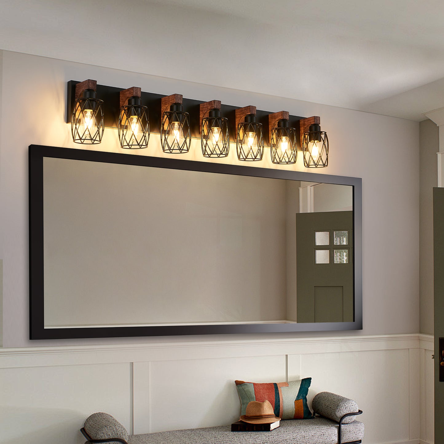 Industrial Vintage 7-Light Wall Sconce - Black Cage Wall Lighting Fixture With Wooden Accents For Bathroom, Hallway, Or Living Room Bulb Not Included