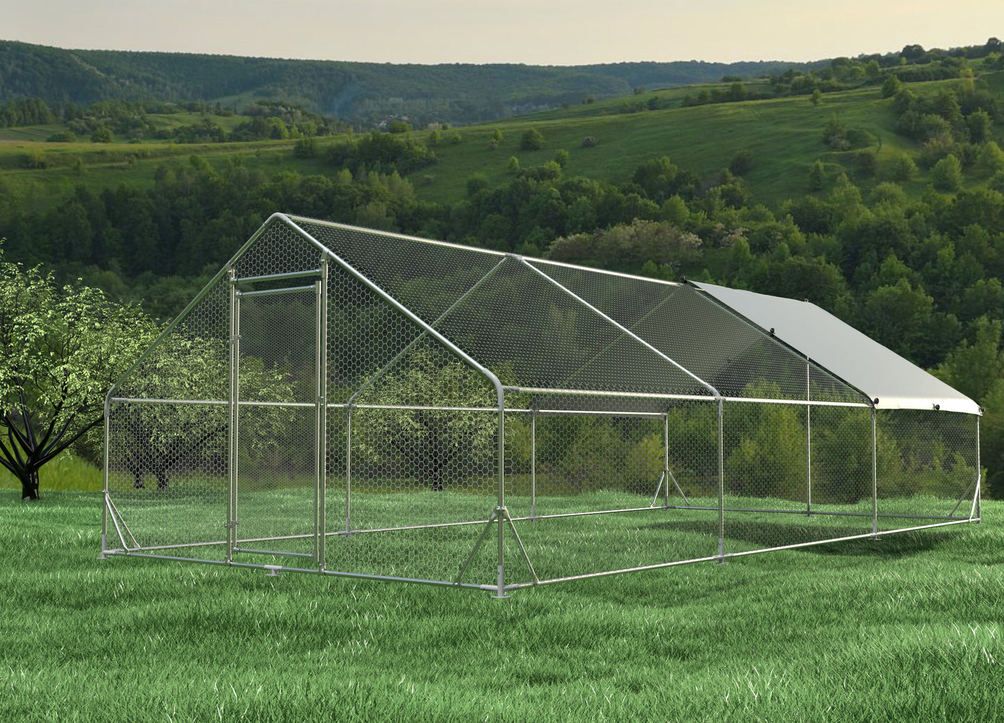 Large Metal Chicken Coop Walk-in Poultry Cage Hen Run House Rabbits Habitat Cage Spire Shaped Coop With Waterproof And Anti-Ultraviolet Cover 19.5L X 9.7'W X 6.4 H