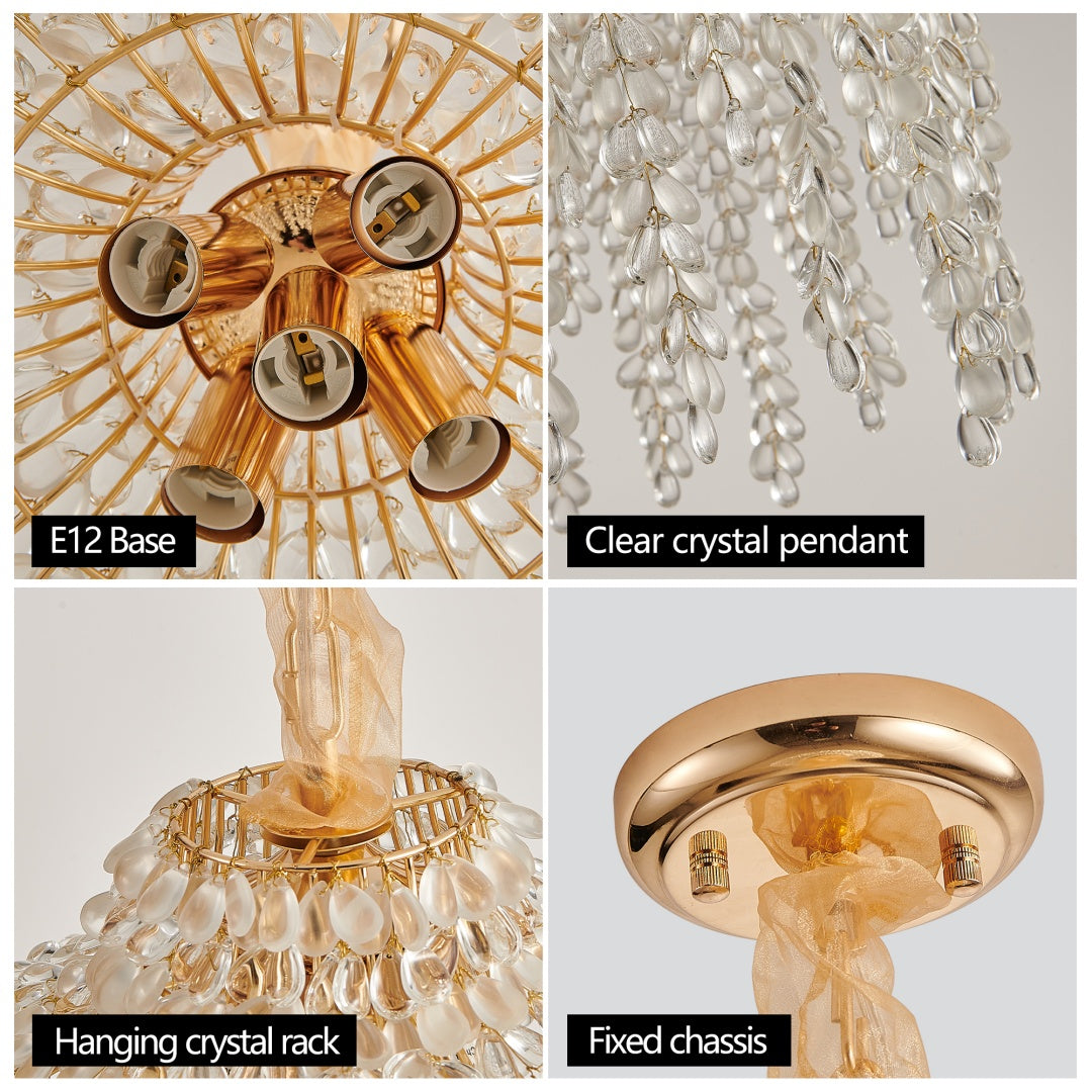 16 Inch 5-Light Crystal Pendant Light Chandelier- Elegant Waterfall Design With Grape-Shaped Crystal Bead Strings And Gold Finish For Living Room, Bedroom, Or Dining Area  Bulb Not Included