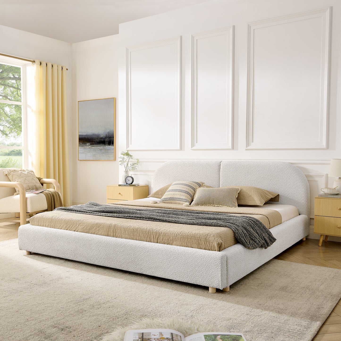 King Size Upholstered Bed Frame, Modern Minimalist Style With Tall Curved Headboard, Premium Circle Yarn Fabric & Sturdy Leg Support, Mattress Not Included-Beige