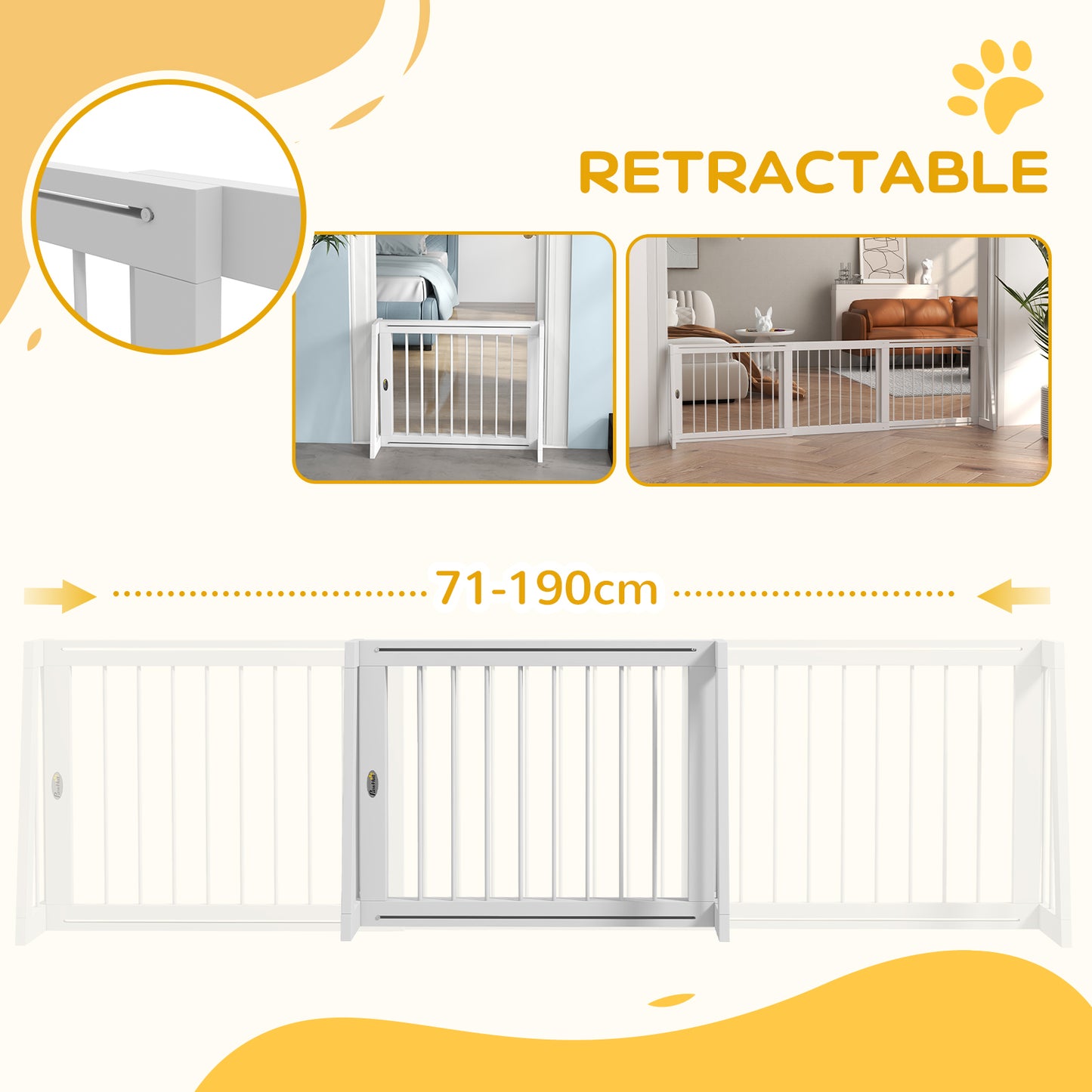 28"-75" Freestanding Wooden Pet Gate With Support Feet & Non-Slip Mats For Indoor, Stairway, Doorway, White