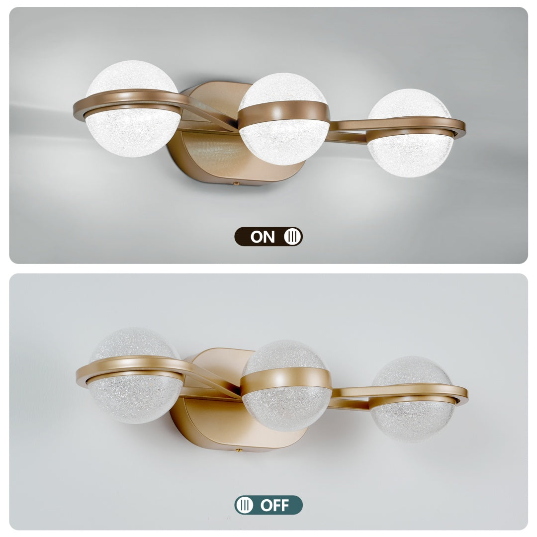 Bathroom Vanity Light, LED 3 Bulb Crystal Sand Acrylic Shades, Wall Mounted Decorative Lighting Fixture, Suitable For Bathroom Vanity Mirror Champagne Gold