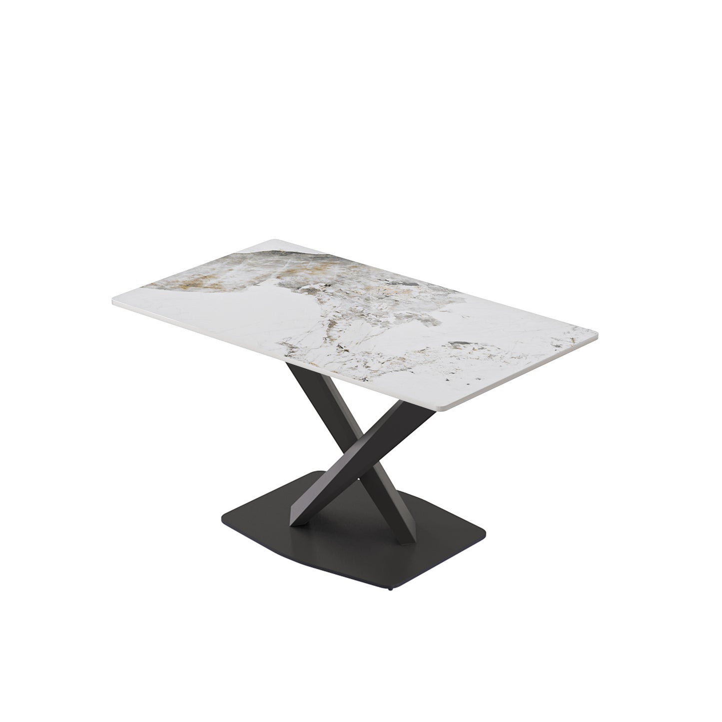 55.12  Modern Artificial Stone Pandora White Straight Edge Black Metal X-Leg Dining Table -6 People