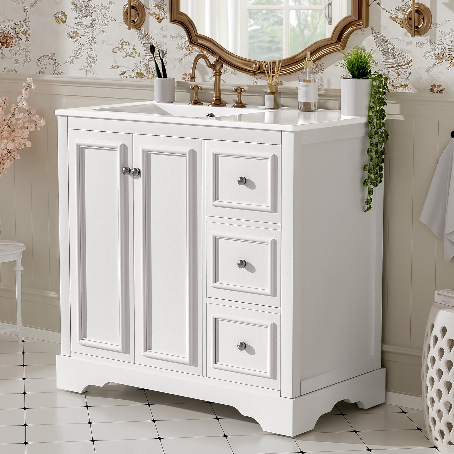 36'' Transitional Bathroom Vanity With Ceramic Sink -Features 2 Soft-close Doors, An Adjustable U-shaped Shelf, 3 Drawers  Including One With Divider , Painted Finish, And Ample Storage Space