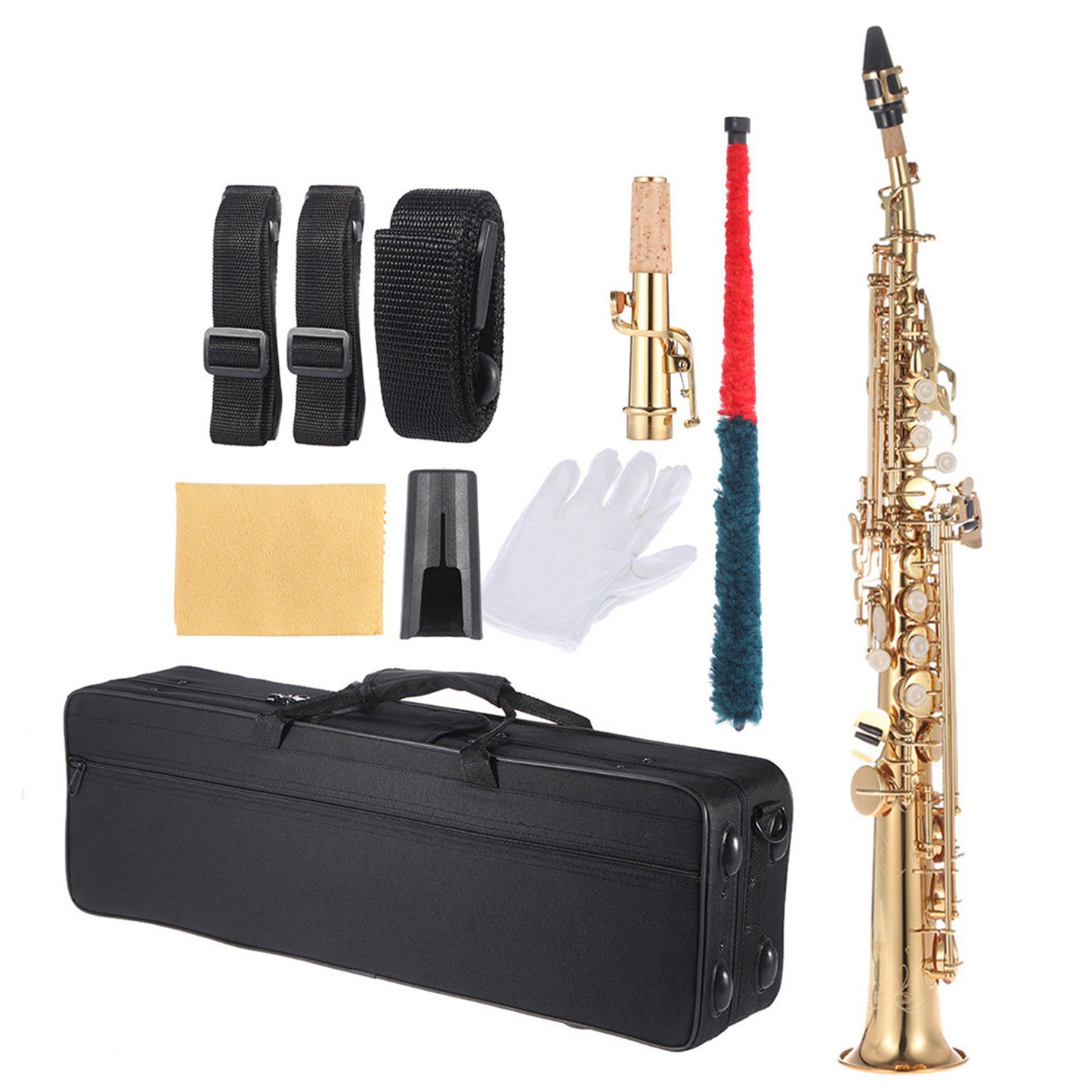 Brass Straight Soprano Sax Saxophone Bb B Flat Woodwind Instrument Nature Shell Key Carve Pattern With Carrying Case Gloves Cleaning Cloth Straps Cleaning Rod