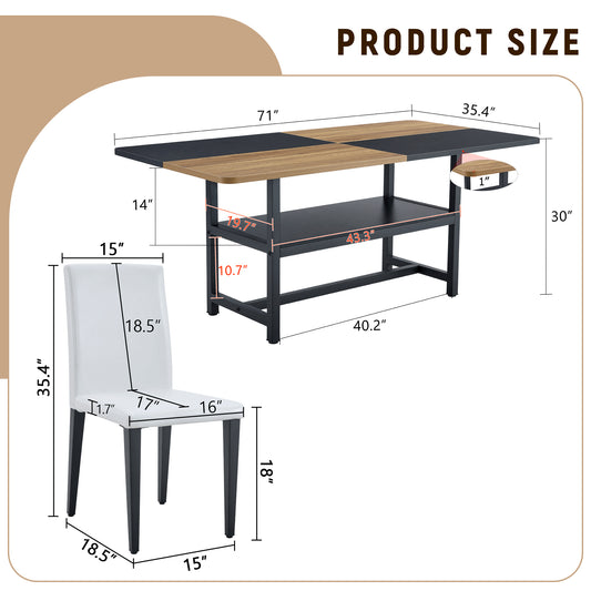 Table And Chair Set.71x35.4 Inch Wooden And Black Spliced Dining Table With Storage Function In The Middle Of The Table Legs.Paired With 6 White PU Dining Chairs, Simple And Versatile.