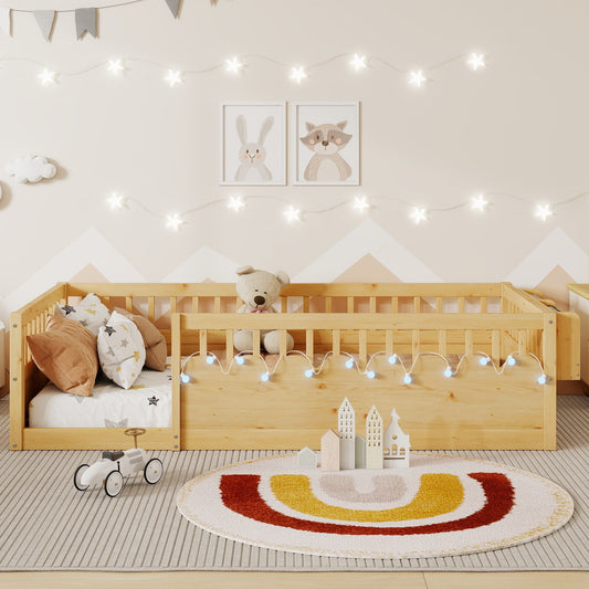 Twin Montessori Floor Bed Frame With High Rails, Wood Kids Floor Beds With Light And Storage Shelf, Natural Expect Arrival Date 2025 8 15