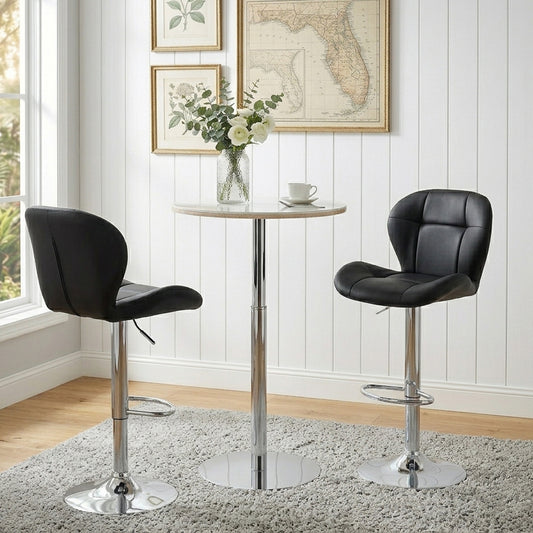 Set Of 2 Height Adjustable Bar Stools, Black PU Upholstered Tufted Back Chairs With Chrome-Plated Metal Base & Footrest For Kitchen Island, Bar, Pub