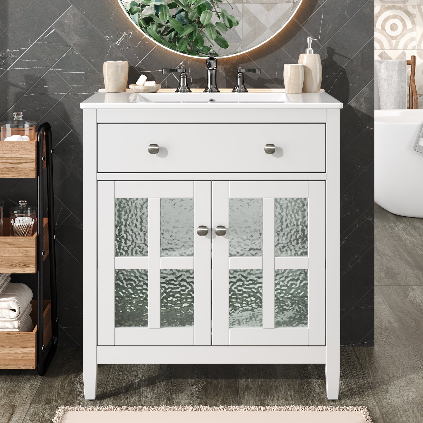 30  Bathroom Vanity With Ceramic Sink, Equipped With Adjustable Shelf And Tip-Out Tray, Bathroom Vanity With Solid Wood Legs, Silver Metal Knobs And Soft Close Hinges, White