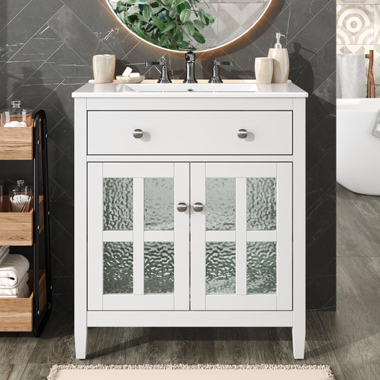 30  Bathroom Vanity With Ceramic Sink, Equipped With Adjustable Shelf And Tip-Out Tray, Bathroom Vanity With Solid Wood Legs, Silver Metal Knobs And Soft Close Hinges, White