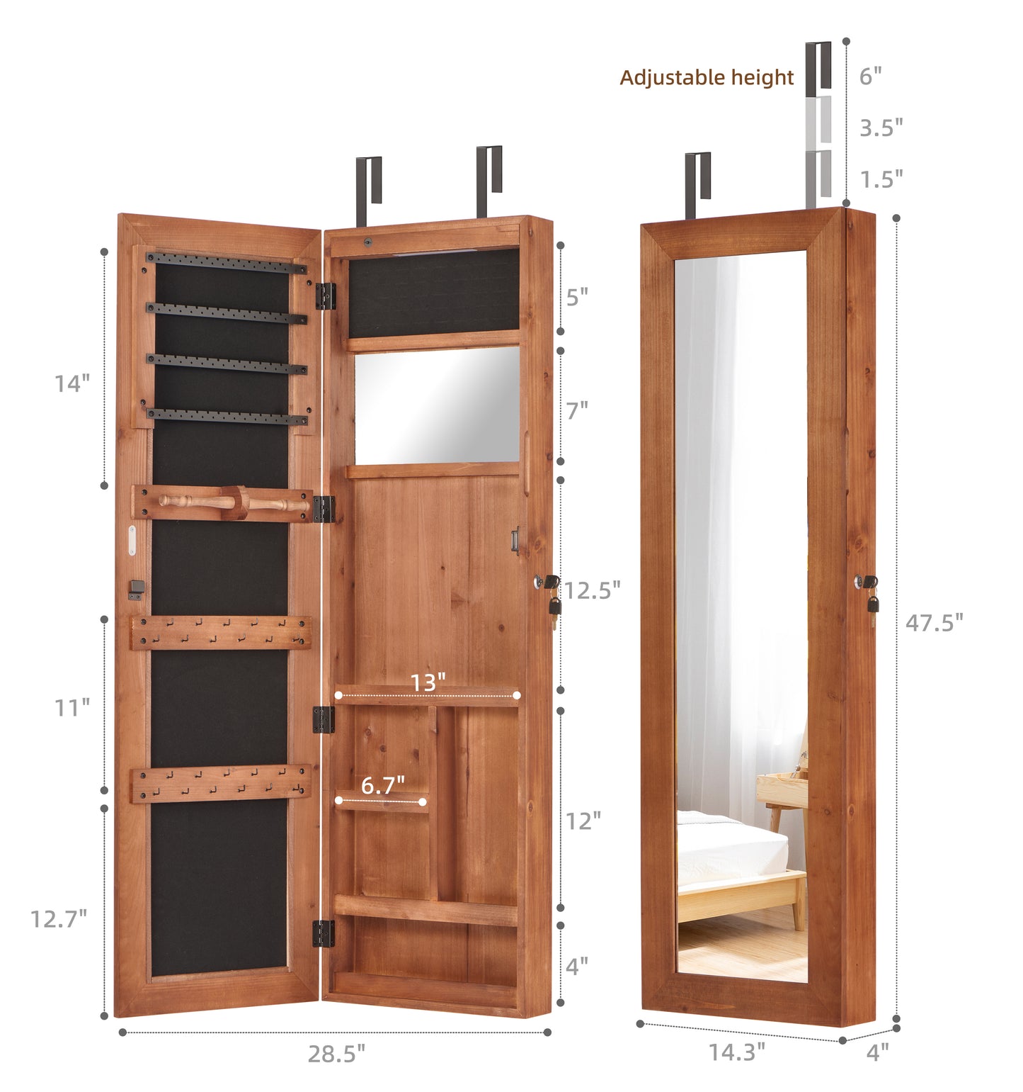Solid Wood Jewelry Armoire Organizer Cabinet With Full-Length Mirror, 47.5x14.3 In Wall-Mounted Lockable With LED Light