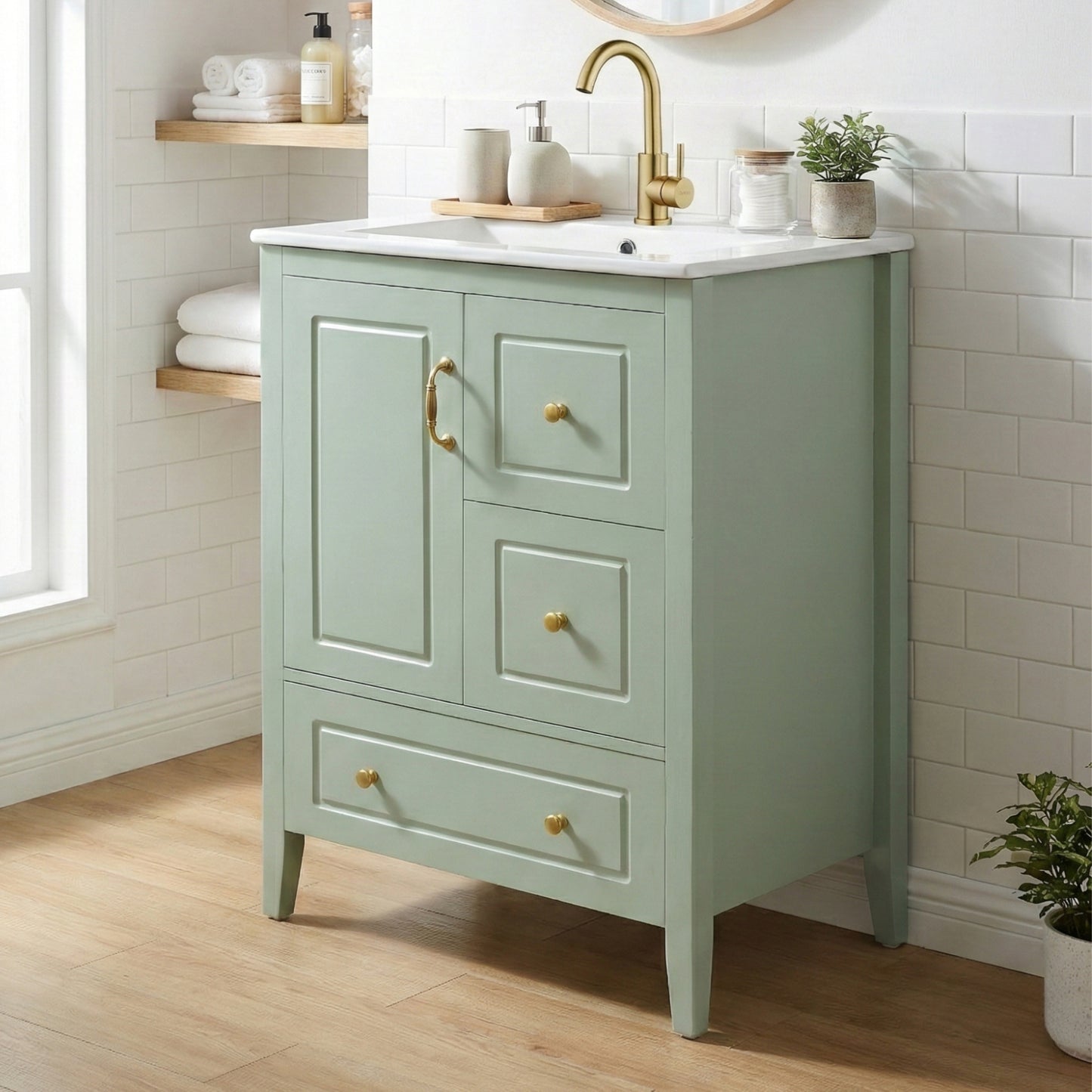 24 Inch Bathroom Vanity With Sink, One Cabinet With Soft-closing Door, 3 Soft-closing Drawers, Retro Metal Handles, Light Green