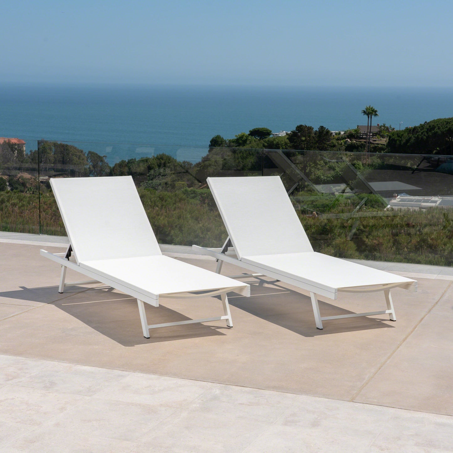 Outdoor Chaise Lounge Set Of 2, 5-Position Adjustable Backrest, White Steel Frame With Textilence Seat, Patio Poolside Reclining Chairs