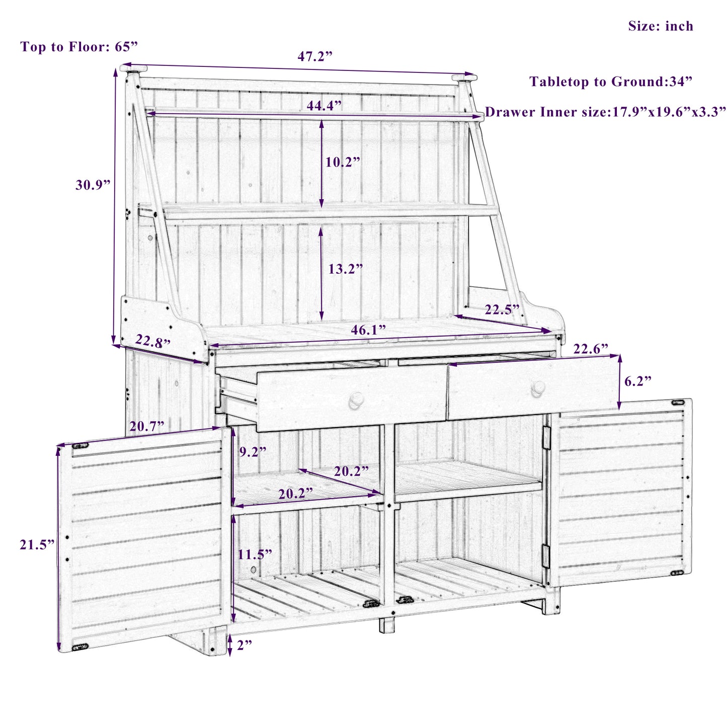 TOPMAx 65inch Garden Potting Bench Table  Fir Wood Workstation With Storage Shelf  Drawer And Cabinet  Gray