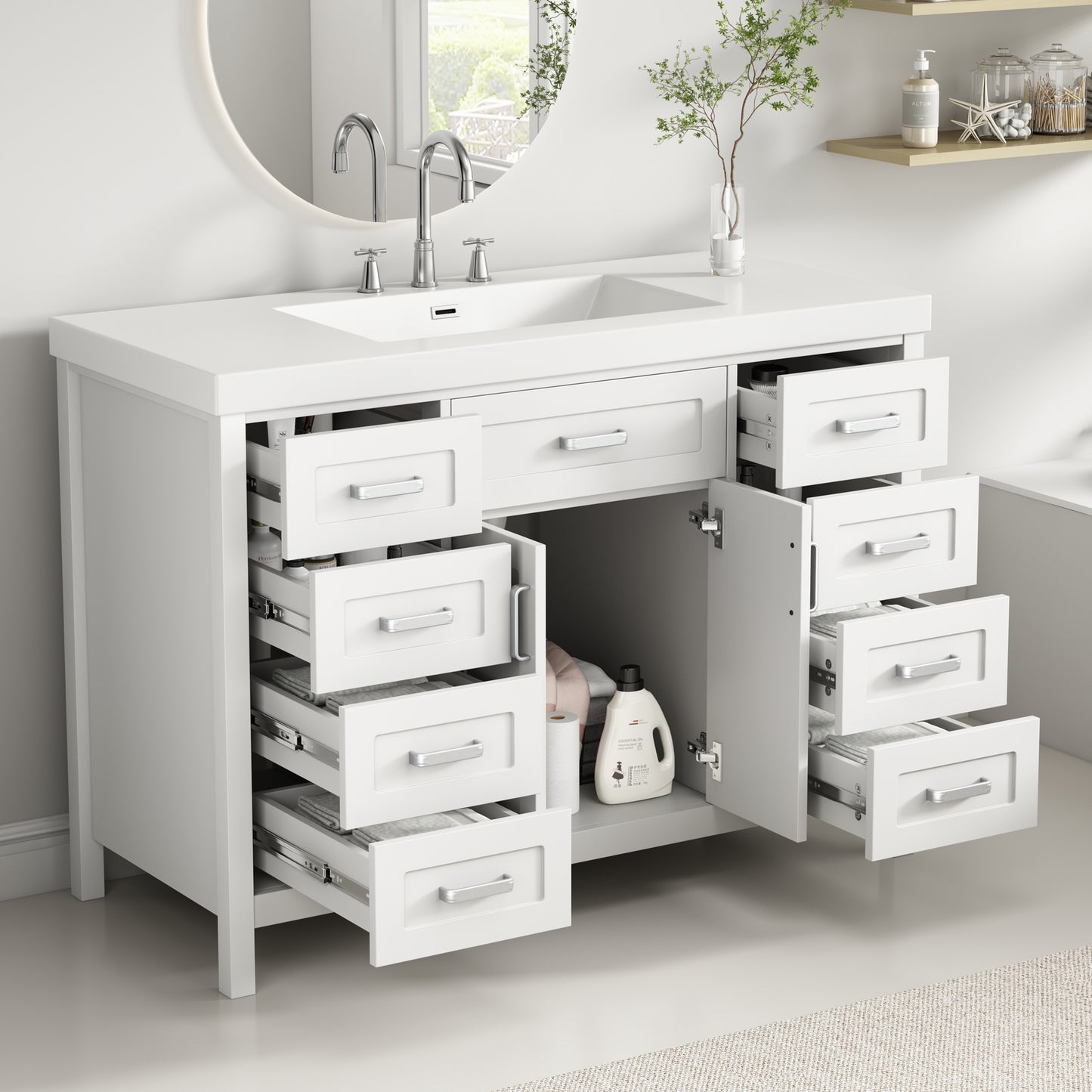 Video 48  Bathroom Vanity With Sink, 2 Doors And 8 Drawers, Soft Close System, Classic Design, White
