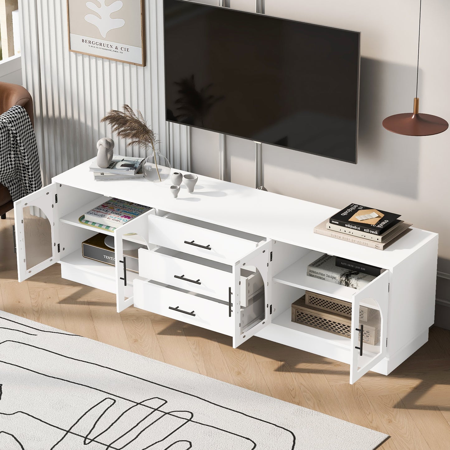 VIBE HAUS 68.9  Modern Minimalist TV Stand For TVs Up To 75 Inches, Entertainment Center Media Console Cabinet With Adjustable Shelves For Living Room