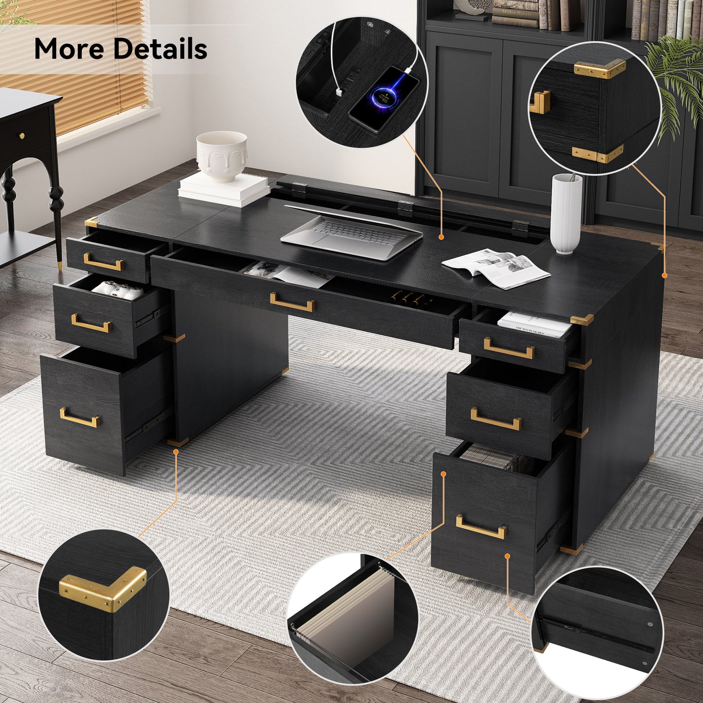 70 Extra-Large Classic And Traditional Executive Desk With Metal Edge Trim ,Writing Desk With 2 File Drawers,USB Ports And Outlets,Desk With Hidden Compartment For Living Room,Home Office,Study Room,