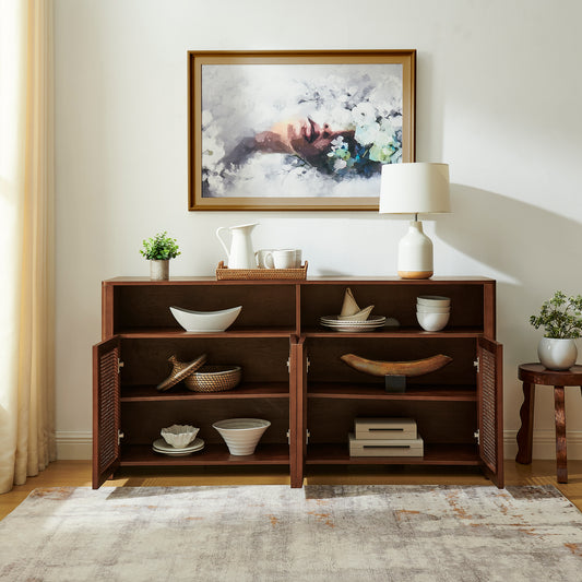 63  Mid Century Modern Rattan Sideboard Buffet Cabinet With Storage, Retro Coffee Bar Wine Bar Credenza, Large Media Console Table For Living Room Entryway Kitchen, Walnut