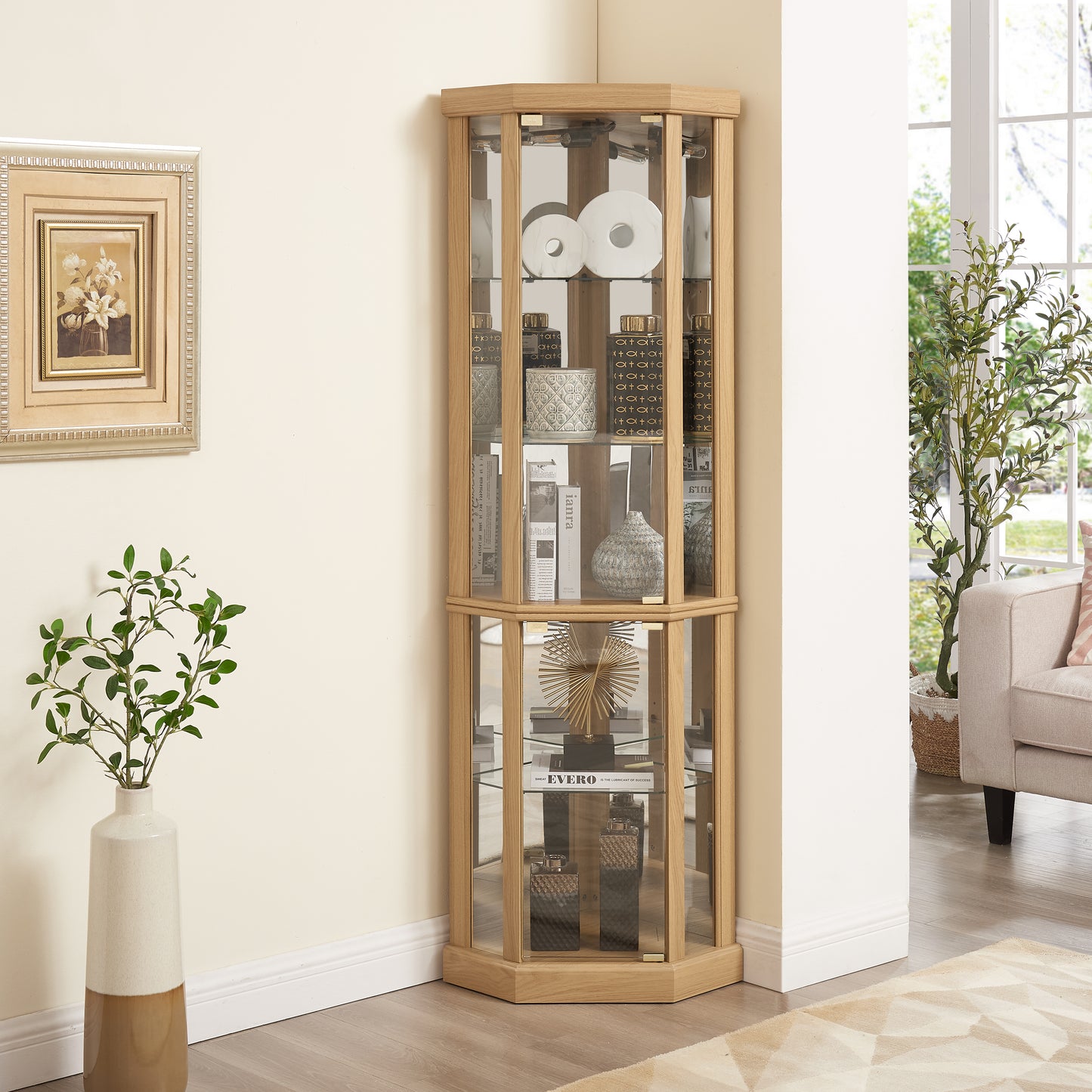 Corner Lighted Curio Cabinet Corner Glass Cabinet Lighted Curio Cabinet Corner Display Case For Living Room, Curio Cabinet, Antique Collection, Wine,Bar Glass Storage Light Included,Light Oak
