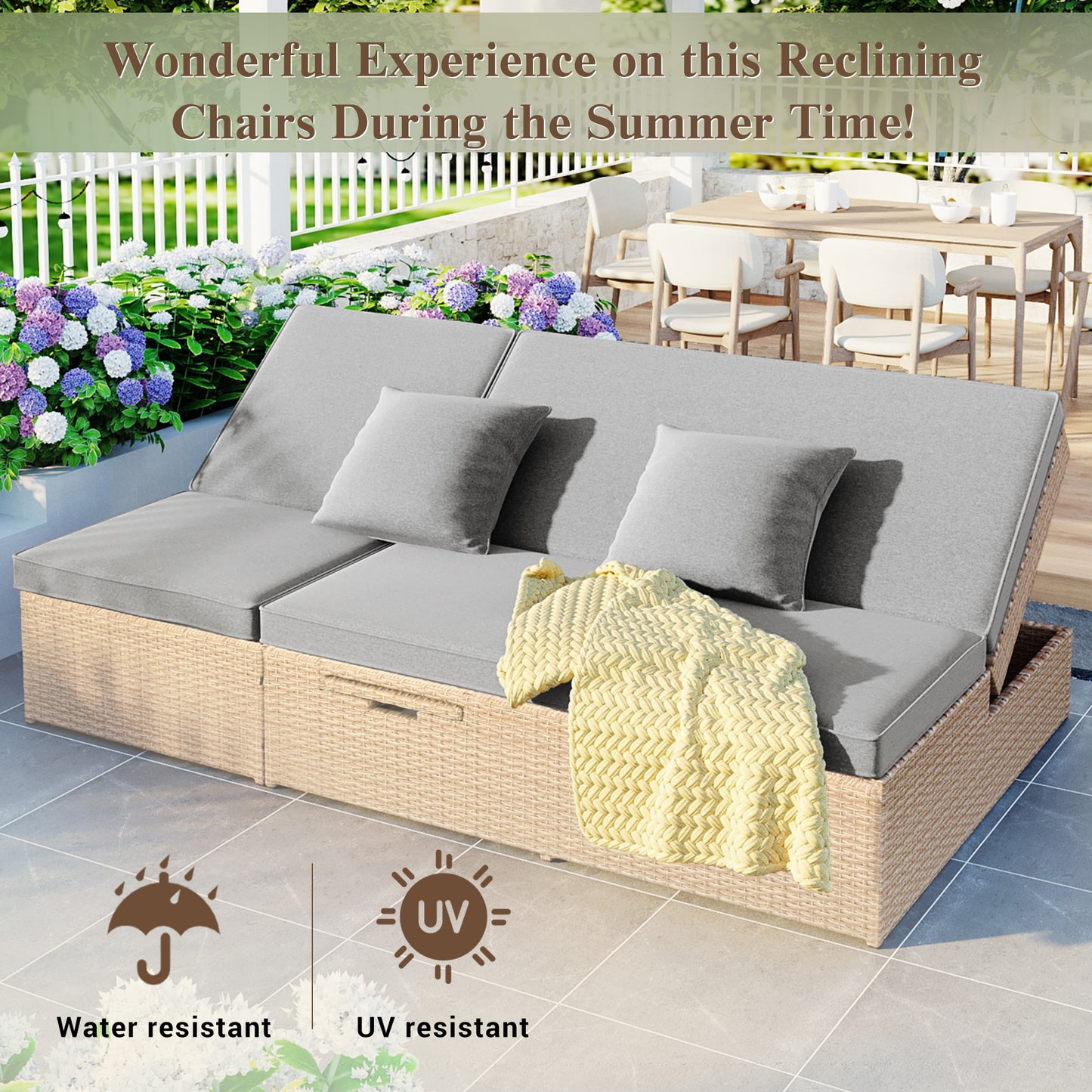 TOPMAX Outdoor Double Sunbed, Wicker Rattan Patio Reclining Chairs With Adjustable Backrest And Seat, Conversational Set For 2 Person, Brown